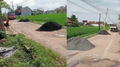 Tidak Kunjung Diperbaiki Warga Suwadaya Perbaiki Jalan Bulak Sari Rusak Parah