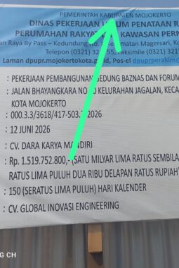 DPUPR Perakim Kota Mojokerto Disorot Usai Plang Proyek BAZNAS Tertulis Kabupaten Mojokerto, Kinerja CV Dara Karya Mandiri dan CV Global Inovasi Engineering Dipertanyakan